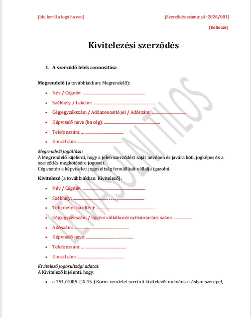 Építőipari Kivitelezői szerződés kitölthető sablon